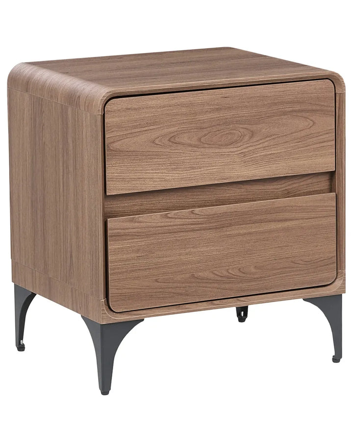 A two-drawer nightstand with a walnut wood grain finish and black metal legs, shown on a plain white background.