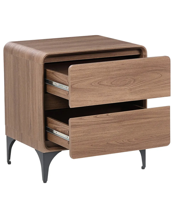 A modern two-drawer nightstand with a walnut wood finish and black metal legs, shown with both top and bottom drawers pulled open against a white background.