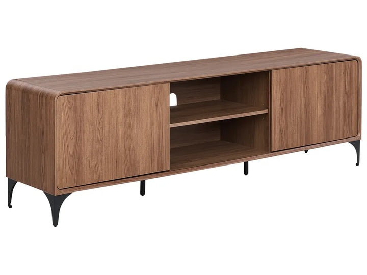 A modern wooden TV stand or media console with a walnut finish, featuring two side cabinets, an open center shelf, and tapered black metal legs, shown on a plain white background.