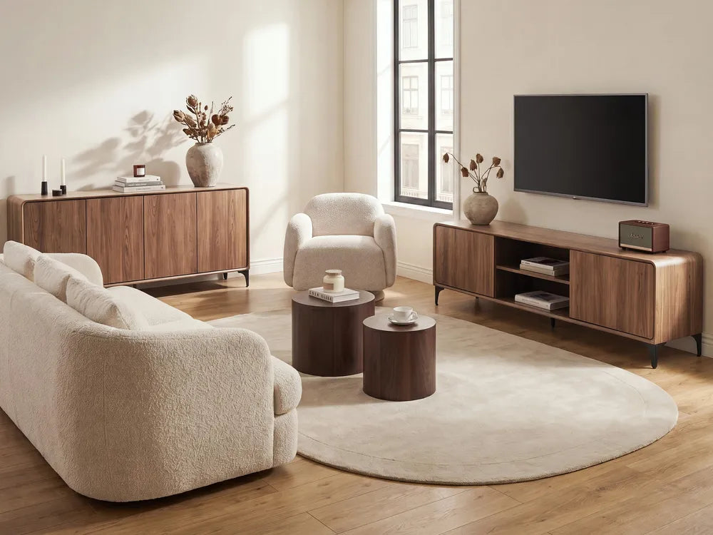A styled living room featuring a cream bouclé sofa, matching armchair, round coffee tables, a sideboard, a TV console, and a large oval area rug on a light wood floor.