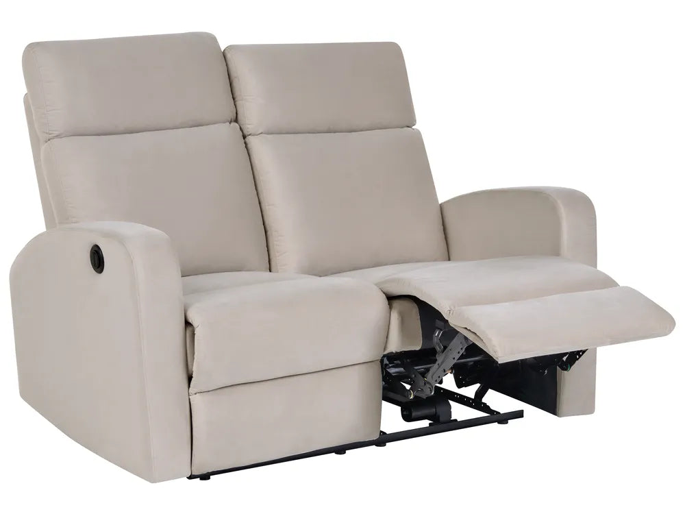 A two-seat recliner sofa upholstered in light beige faux leather, shown with the right seat reclined. The chair features padded headrests, wide armrests, and a black metal support frame visible beneath the extended footrest.
