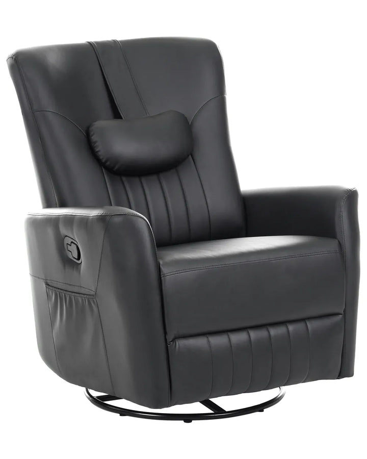 Black faux leather swivel recliner chair with a headrest pillow and side power control, shown on a white background.
