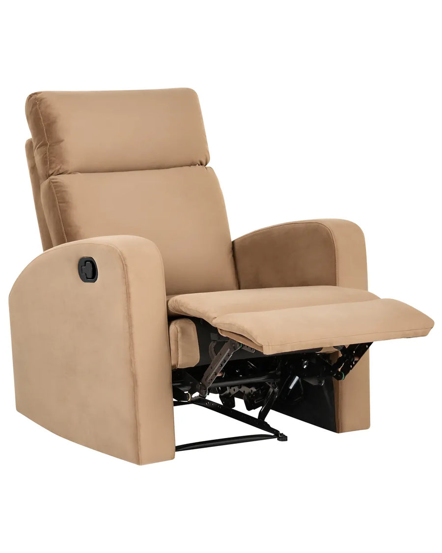 A beige fabric recliner chair shown in a partially extended position on a plain white background.