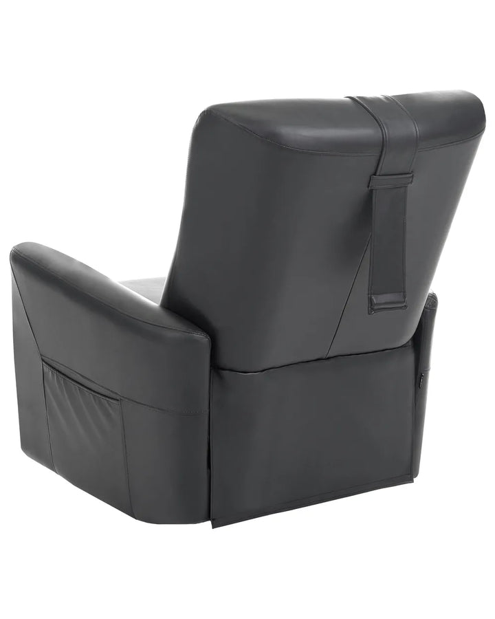 Black faux leather recliner chair shown from a three-quarters angle, featuring a side pocket and a vertical strap detail on the backrest, isolated on a white background.