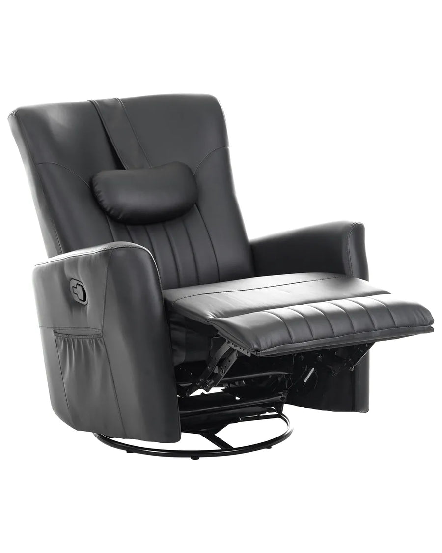 Black faux leather recliner chair with extended footrest and headrest, shown on a plain white background.