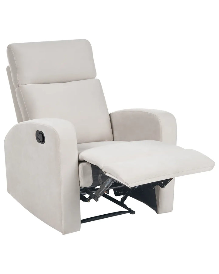 A light beige upholstered recliner chair with the footrest extended, shown against a plain white background.