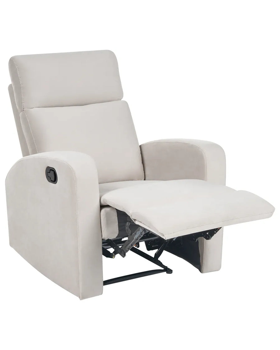 A light beige upholstered recliner chair with the footrest extended, shown against a plain white background.