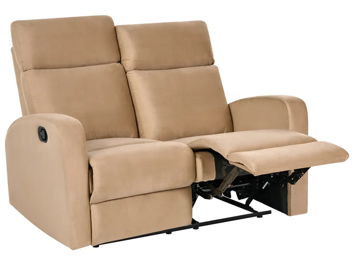 A beige two-seat recliner sofa with both cushions extended and the right footrest pulled out, shown on a plain white background.