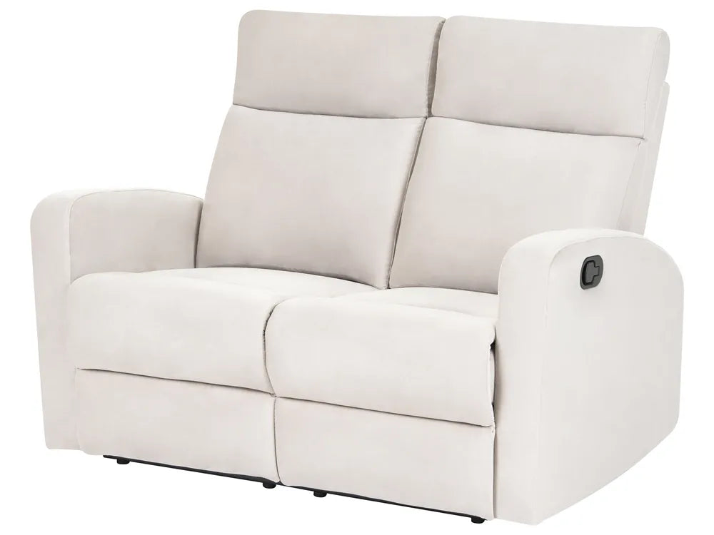A light beige upholstered reclining loveseat with a two-seat design, shown on a plain white background.
