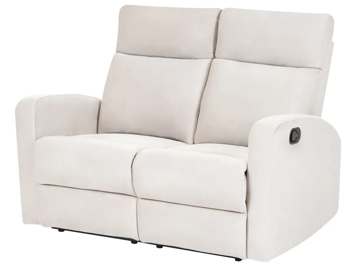 A light beige upholstered reclining loveseat with a two-seat design, shown on a plain white background.