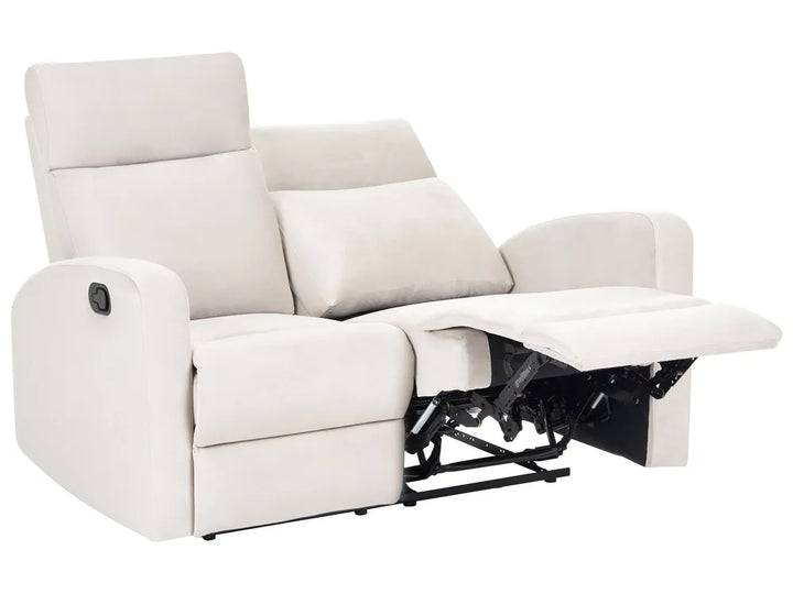 A light beige upholstered recliner chair with the footrest extended, shown against a plain white background.