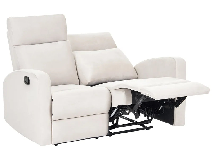 A light beige upholstered recliner chair with the footrest extended, shown against a plain white background.