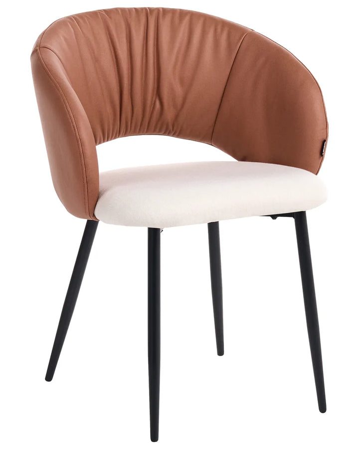 A modern accent chair featuring a curved, ruched backrest upholstered in a warm tan-brown leather-like material, a cream-colored seat cushion, and four slim black metal legs, shown against a plain white background.