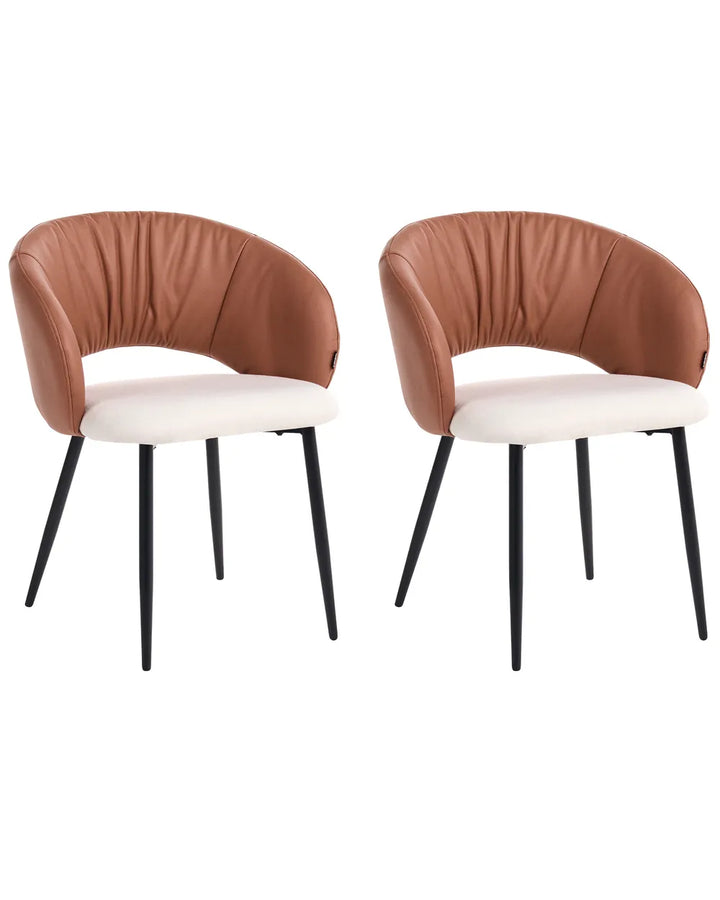 Two modern accent chairs with curved brown faux-leather bucket backs, cream upholstered seats, and slim black metal legs, shown side by side on a white background.