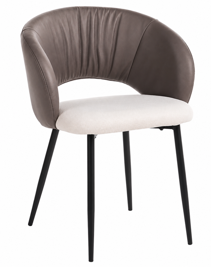 A modern barrel-style dining chair with a curved taupe-brown upholstered backrest, a light beige seat cushion, and slim black metal legs, shown on a plain white background.
