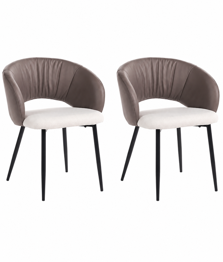 Two matching modern dining chairs with curved taupe-brown upholstered backs and seats, white seat cushions, and slim black metal legs, shown on a plain white background.