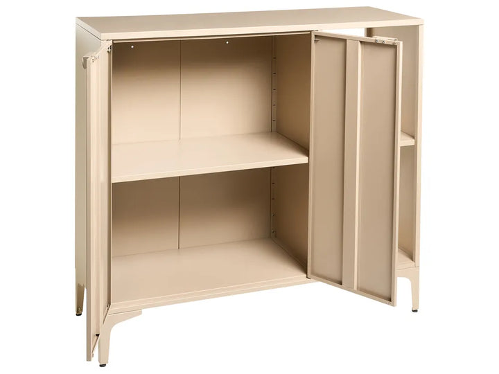 A light beige metal storage cabinet with two doors, one open to reveal two interior shelves, and one closed on the right side, shown against a plain white background.