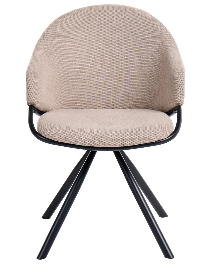 A modern accent chair with a curved, upholstered seat and backrest in a textured beige fabric, supported by a black metal frame with three splayed legs, shown against a plain white background.