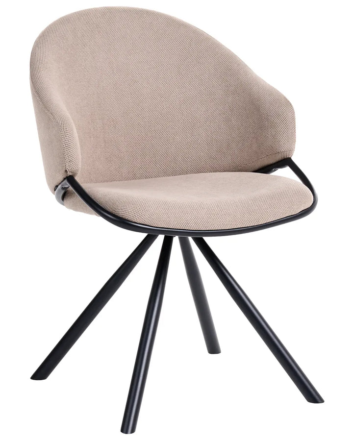 A modern accent chair with a curved beige upholstered seat and backrest, supported by a black metal frame and four splayed legs, shown against a plain white background.