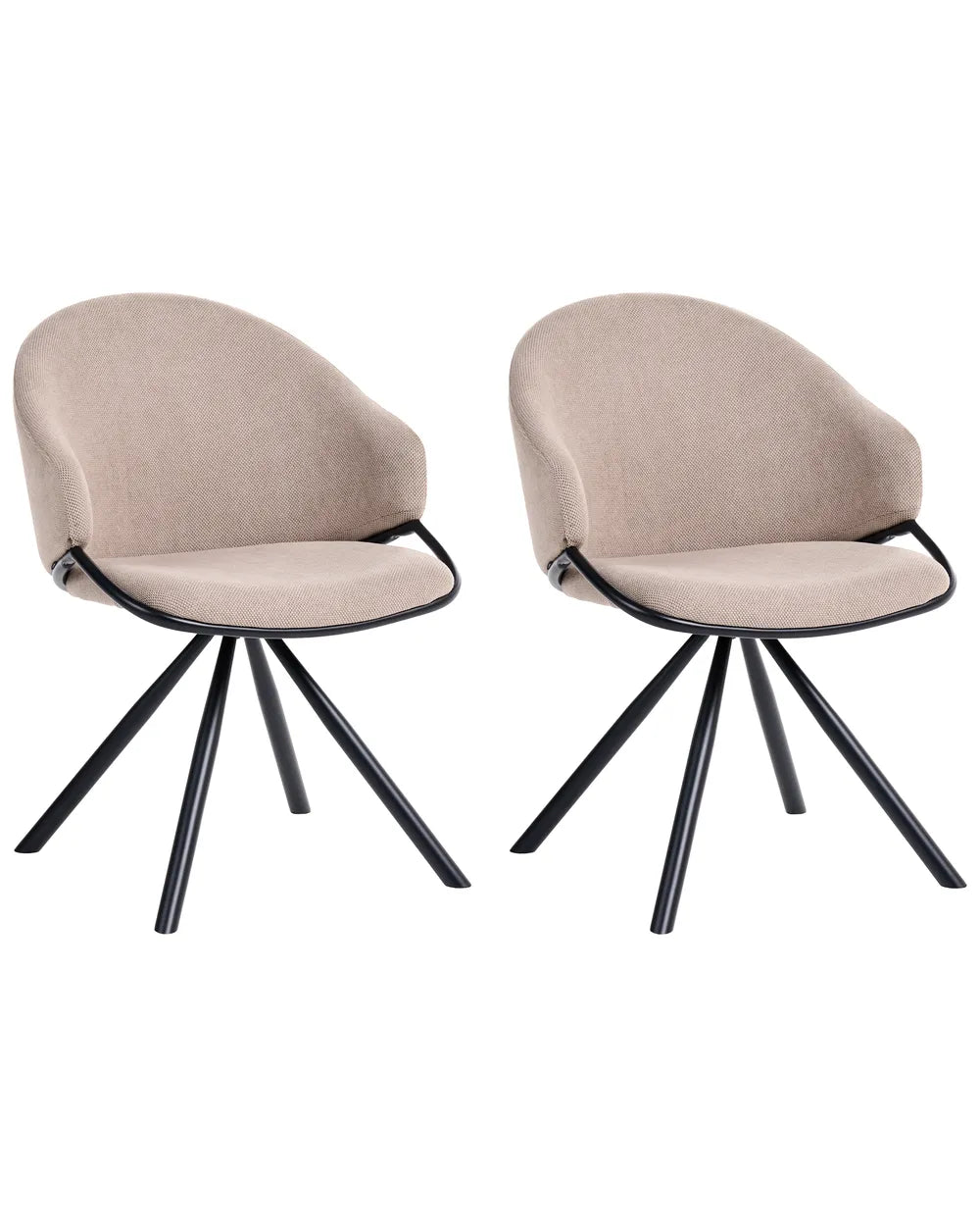 Two modern dining chairs with beige upholstered seats and curved backs on black metal swivel bases, shown side by side against a plain white background.