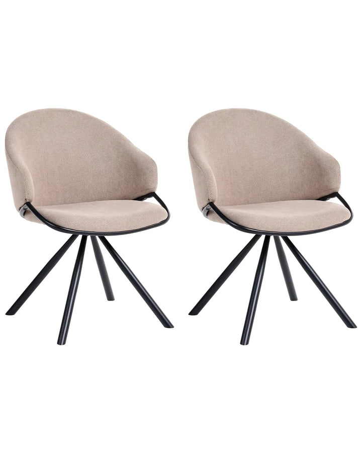 Two modern dining chairs with beige upholstered seats and curved backs on black metal swivel bases, shown side by side against a plain white background.