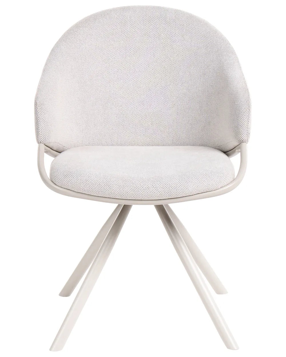A modern accent chair with a light beige textured fabric upholstered seat and curved backrest, supported by a white four-star metal base, shown against a plain white background.