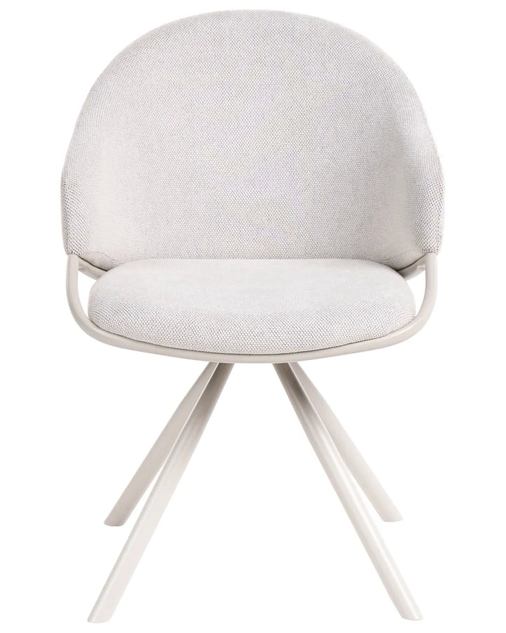 A modern accent chair with a light beige textured fabric upholstered seat and curved backrest, supported by a white four-star metal base, shown against a plain white background.