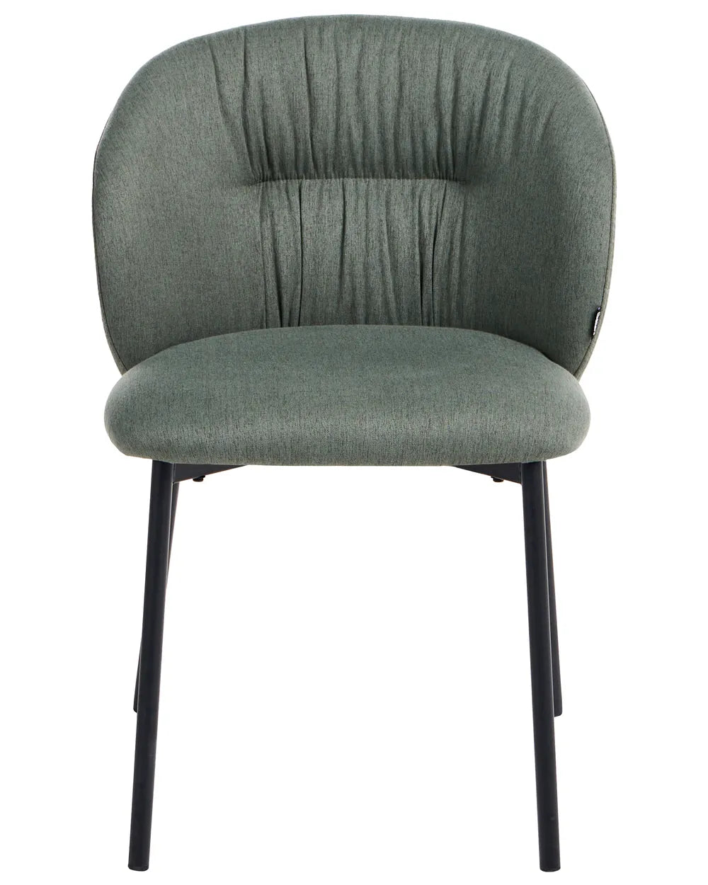 A modern upholstered dining chair with a rounded, vertically channel-tufted backrest and a matching padded seat, upholstered in a textured sage green fabric with slim black metal legs, shown against a plain white background.