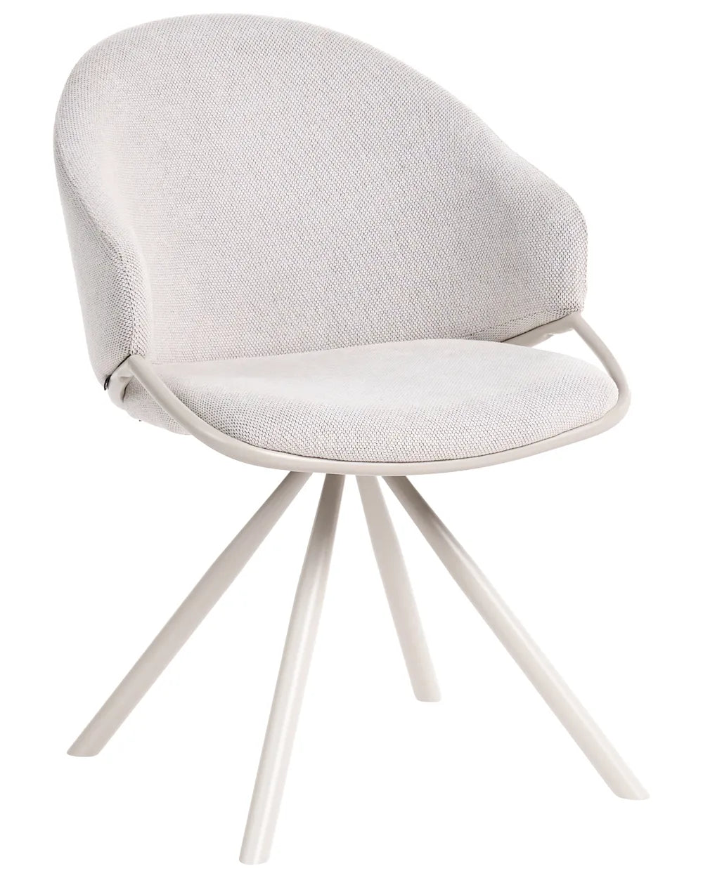 A modern accent chair with a textured light gray fabric upholstered seat and curved backrest, supported by a white four-star metal base.