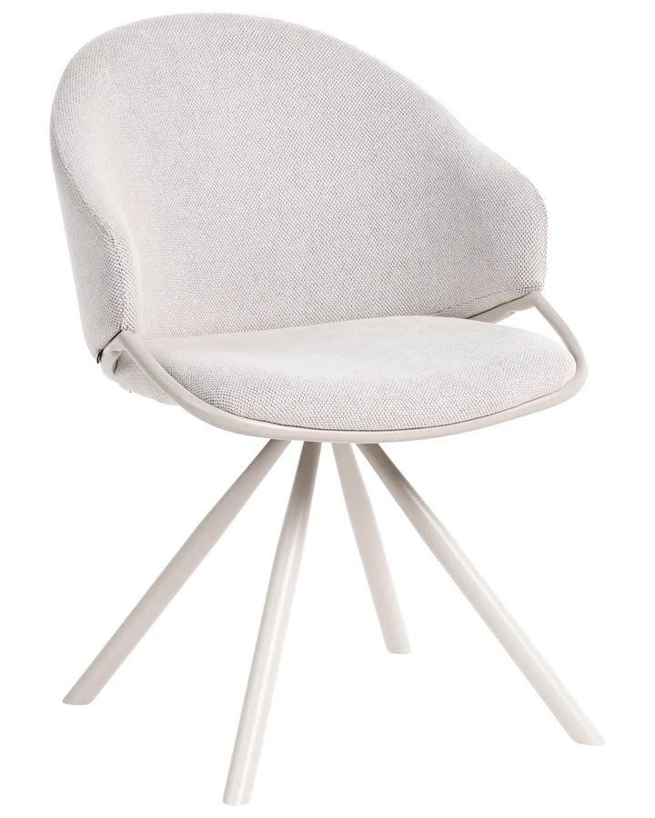 A modern accent chair with a textured light gray fabric upholstered seat and curved backrest, supported by a white four-star metal base.
