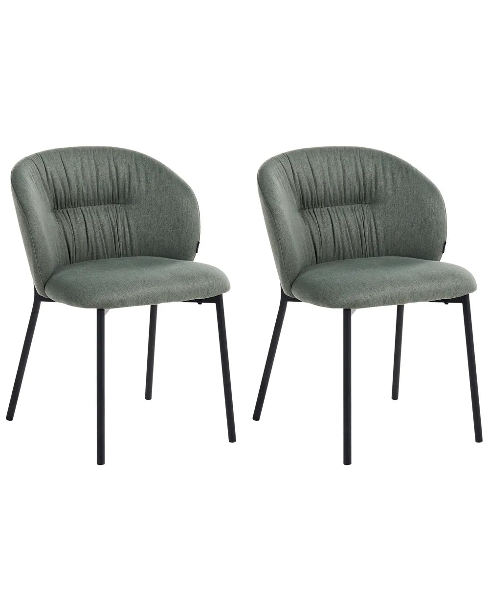 Two matching upholstered dining chairs with rounded backs, channel-tufted vertical stitching, and black metal legs, shown on a plain white background.
