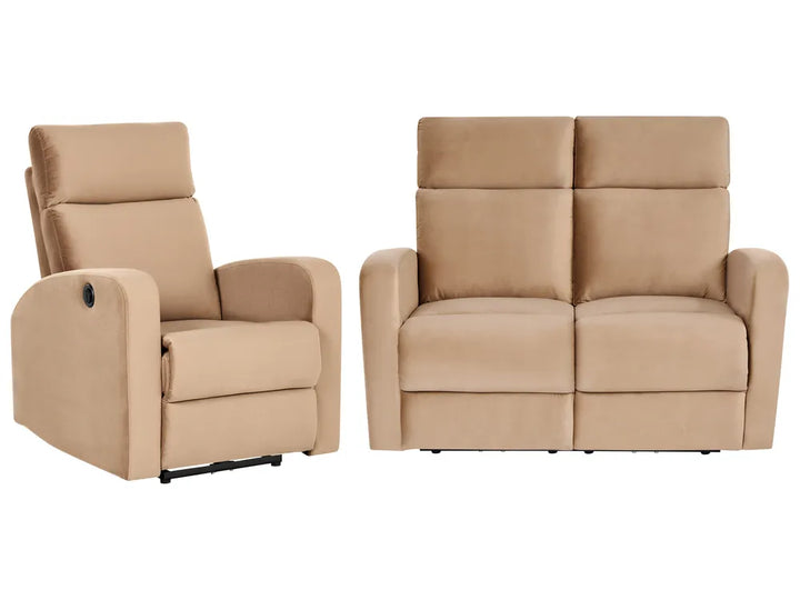 A beige upholstered recliner chair shown beside a matching two-seat loveseat on a plain white background.