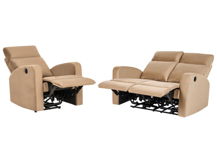 A matching recliner and loveseat set in beige fabric, shown in a side-by-side configuration with both pieces reclined on a white background.