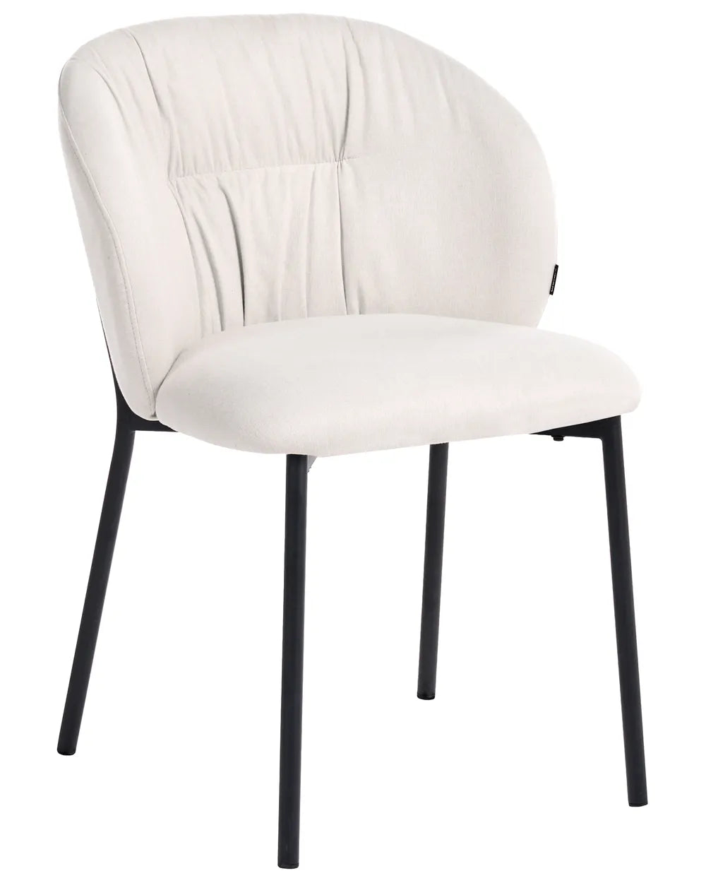 An upholstered dining chair with a cream-colored fabric seat and backrest, supported by slim black metal legs, shown against a plain white background.