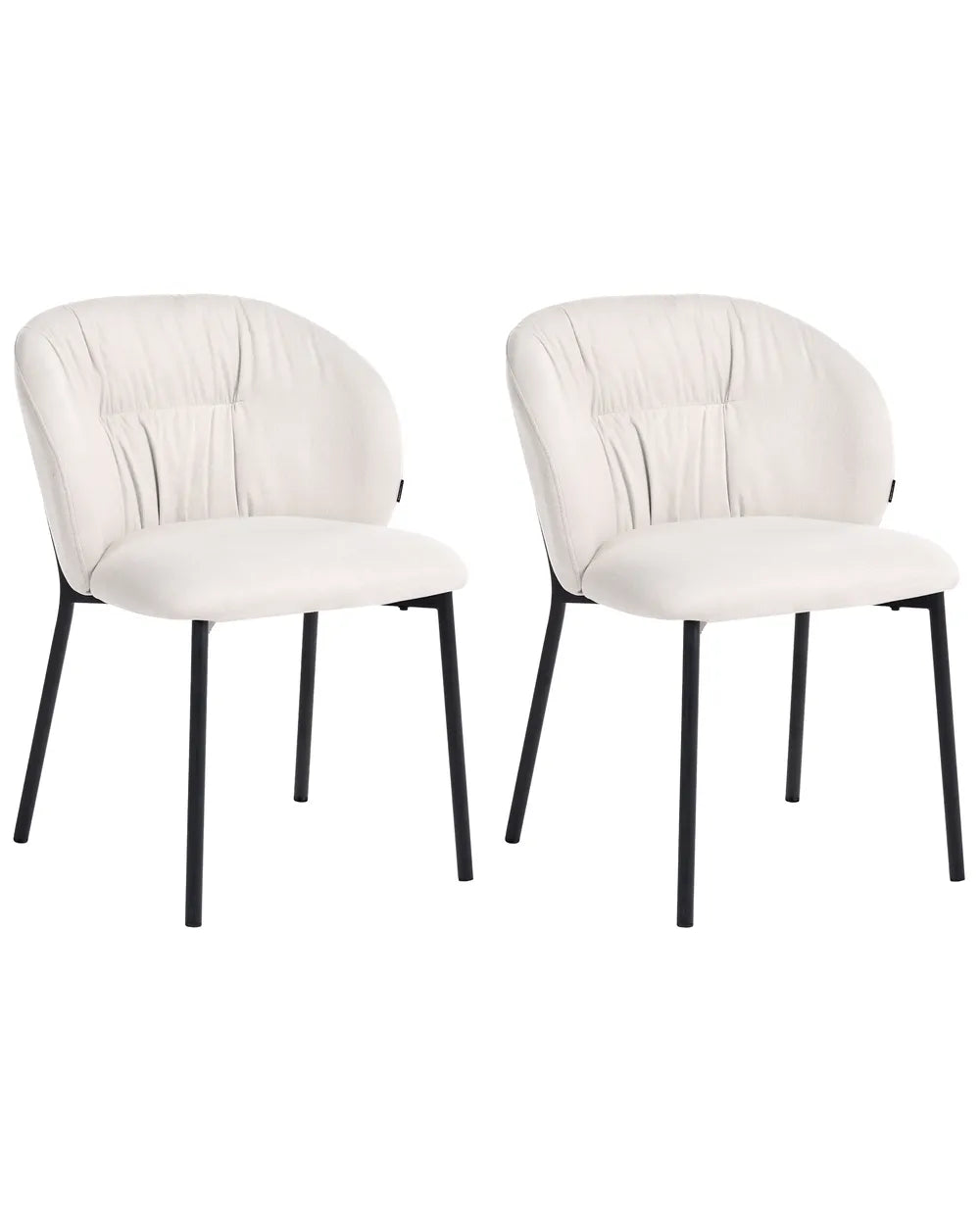 Two modern dining chairs with cream-colored upholstered seats and curved backs, supported by slim black metal legs, shown against a plain white background.