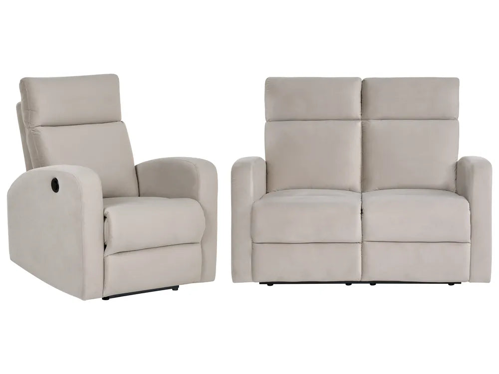 A light beige upholstered recliner chair shown alongside a matching two-seat loveseat on a plain white background.