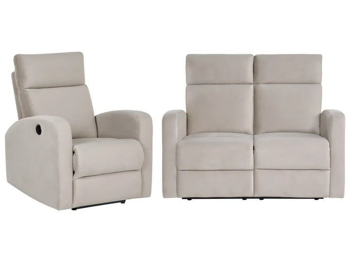 A light beige upholstered recliner chair shown alongside a matching two-seat loveseat on a plain white background.