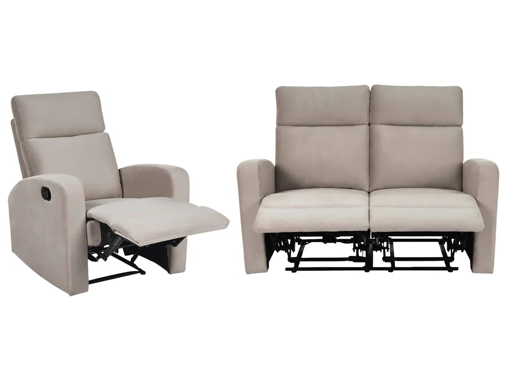 A light beige upholstered recliner chair shown reclining with the footrest extended, alongside a matching two-seat reclining sofa on a plain white background.
