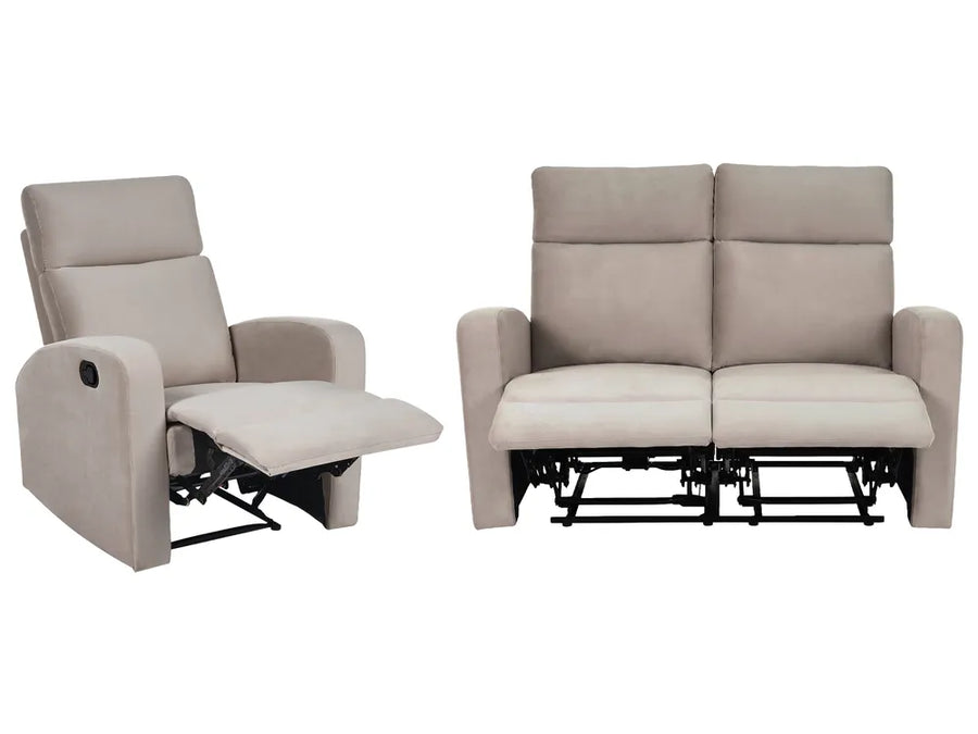 A light beige upholstered recliner chair shown reclining with the footrest extended, alongside a matching two-seat reclining sofa on a plain white background.