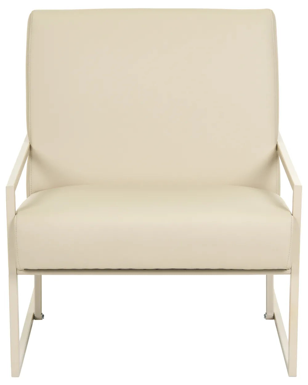 A modern lounge chair with cream-colored upholstered seat and back cushions, supported by a slim white metal frame.
