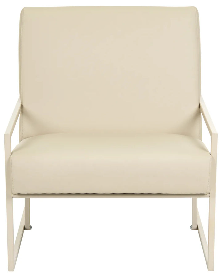A modern lounge chair with cream-colored upholstered seat and back cushions, supported by a slim white metal frame.