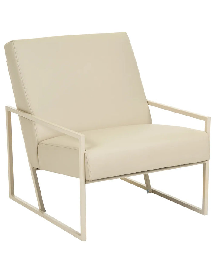 A modern accent chair with cream-colored faux leather upholstery and a minimalist cream metal frame, shown against a plain white background.