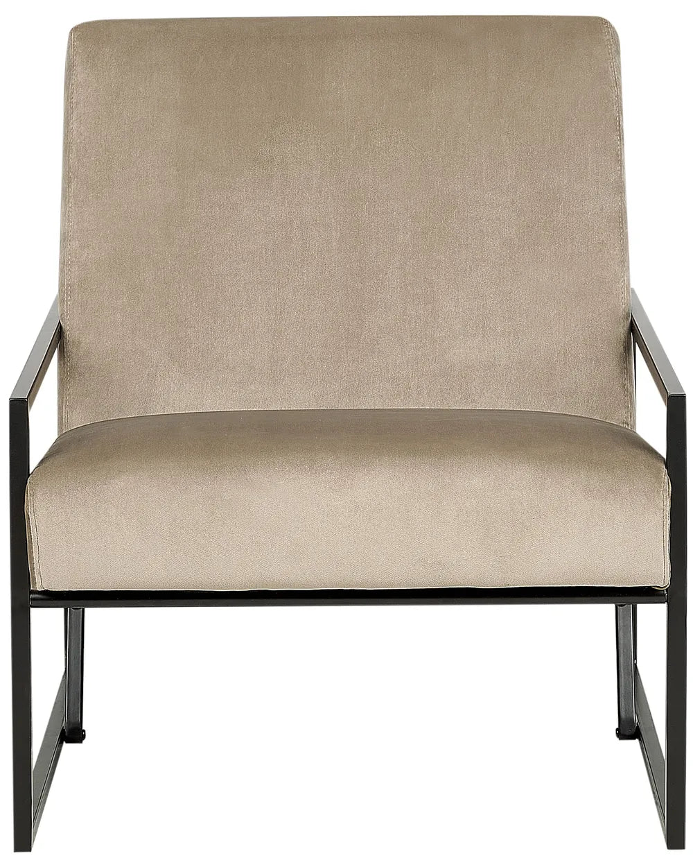 A modern accent chair with a beige textured fabric upholstered seat and backrest, supported by a black metal frame.