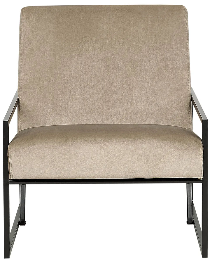 A modern accent chair with a beige textured fabric upholstered seat and backrest, supported by a black metal frame.