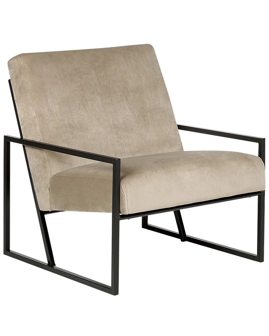 Beige armchair with black metal frame on a white background