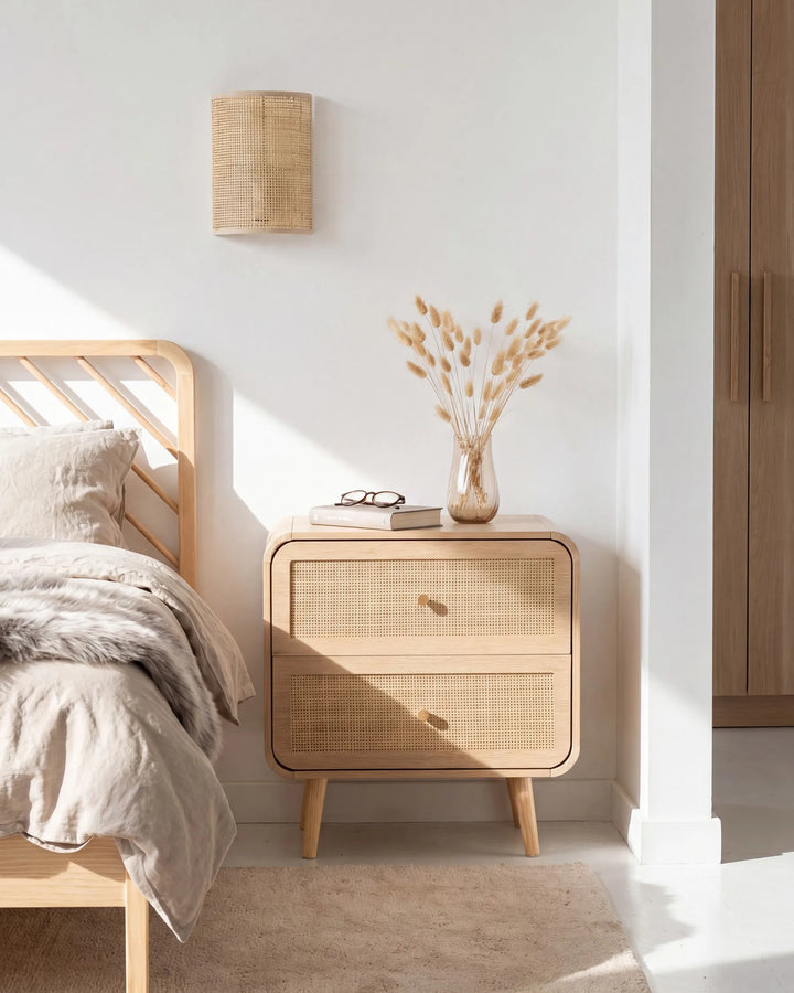 A light natural wood two-drawer nightstand with a woven cane front and tapered legs, styled in a bright bedroom next to a bed with neutral bedding. A glass vase with dried grass stems and a small book sit on top, with a woven wall lamp above.