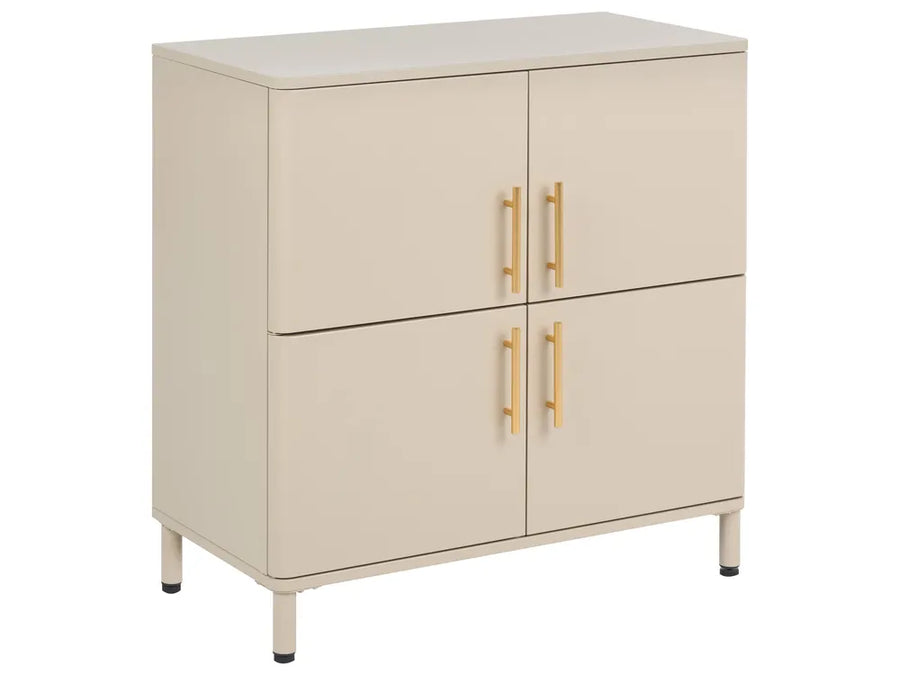 A modern two-door cabinet in a warm cream or beige finish with four vertical gold handles and short legs, shown on a plain white background.
