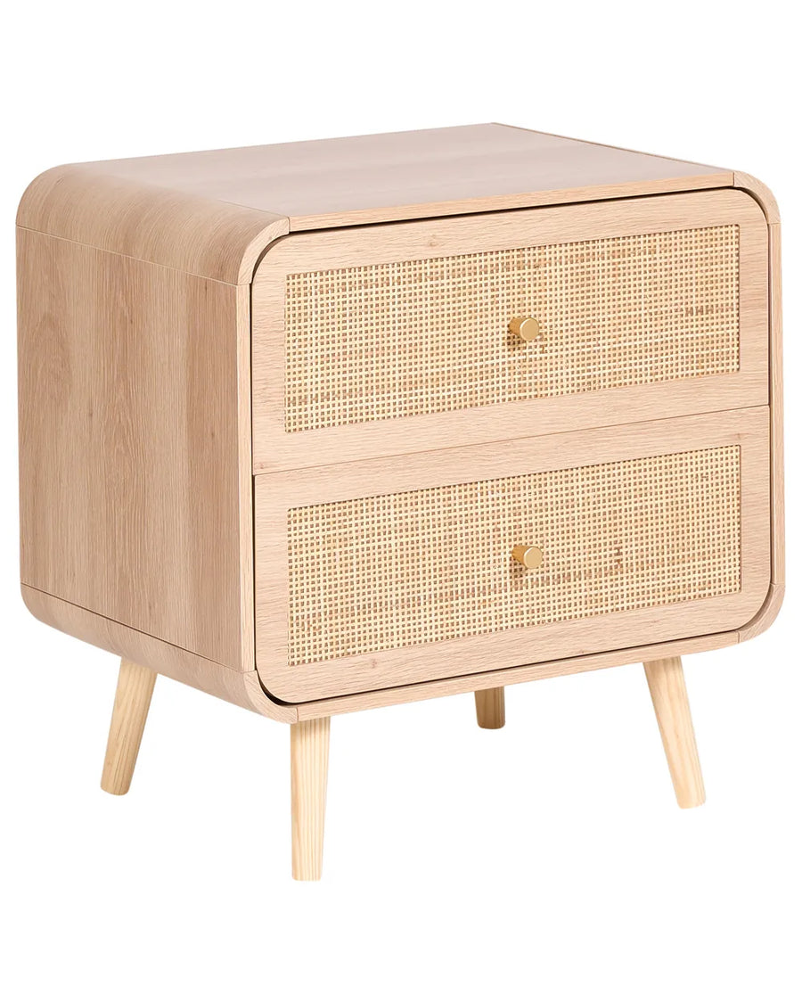 A light natural wood two-drawer nightstand with woven cane panels on the front of each drawer and small angled wooden legs, shown on a plain white background.