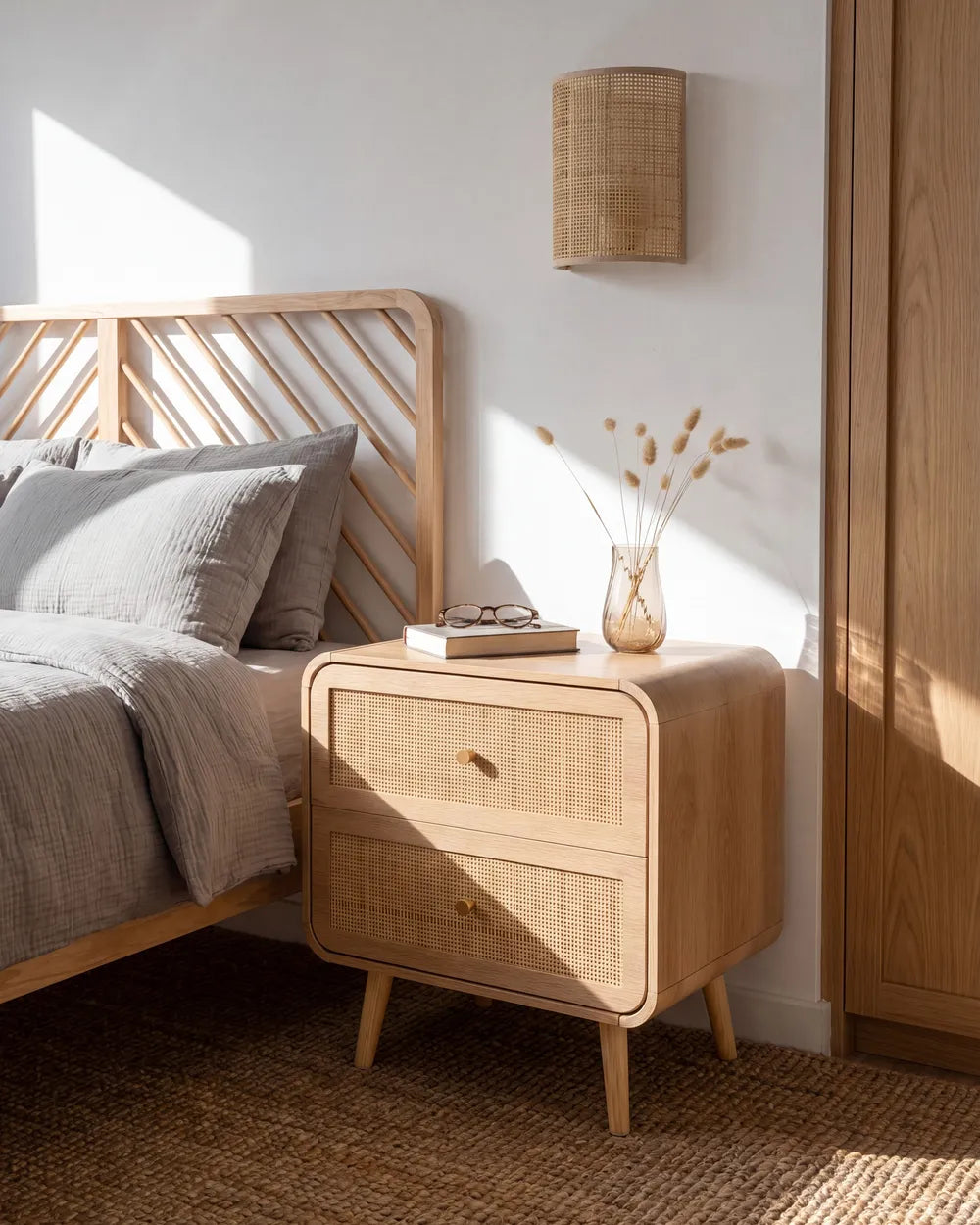 A light natural wood nightstand with two drawers featuring woven cane fronts and tapered legs, styled in a bedroom next to a bed with gray bedding and a wooden headboard.