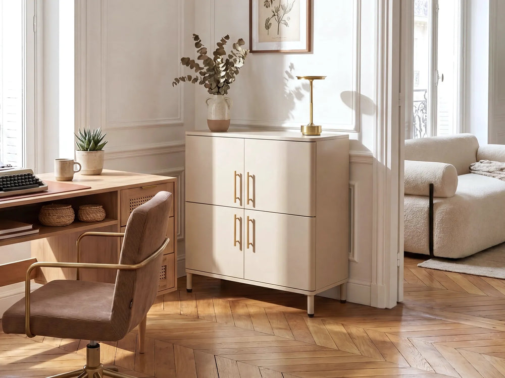 A cream-colored two-drawer cabinet with gold handles in a bright, modern room with wood floors, a desk, and a chair.